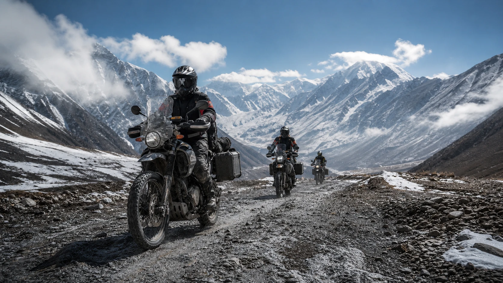 Adventure riders crossing a high Himalayan mountain pass