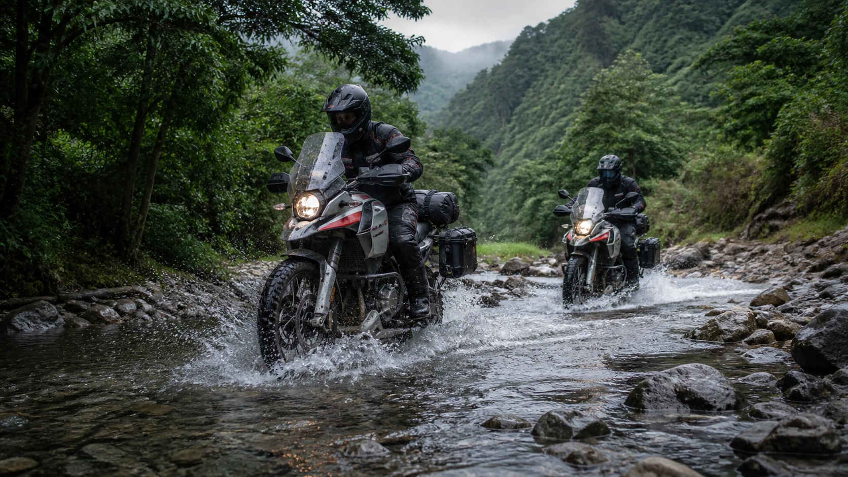 Adventure riders crossing a forest river trail
